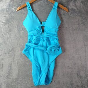 Becca Womens One-Piece Swimsuit M Blue 3D Tie-Trim Garden of Eden NWT